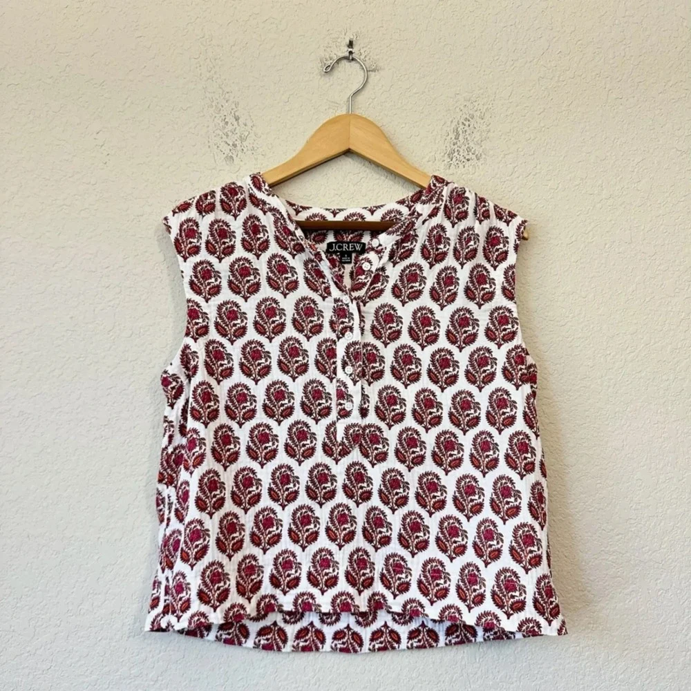 J. Crew‎ Womens Large Red Block Print Floral Paisley Sleeveless Button Back Top